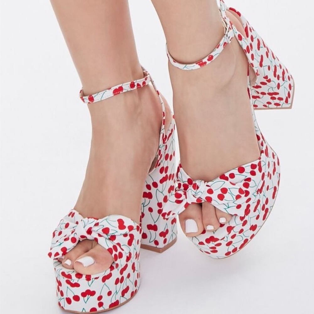 Cherry Print Block Heels